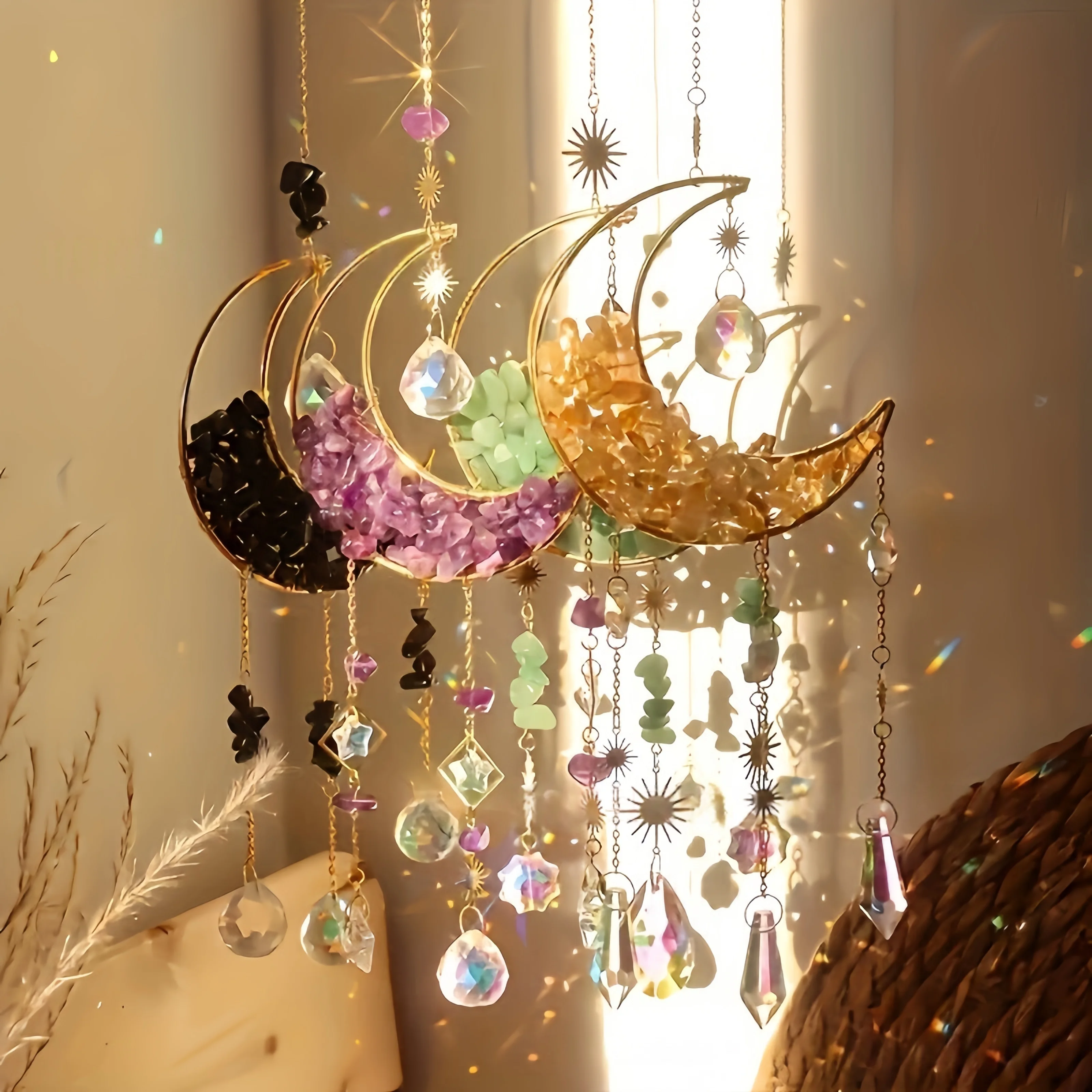 Hourglass Moon Purple Blue Green Pink Crystal Sun Catcher Pendant Decoration, Half Moon Window Hanging Pendant - Home and Garden