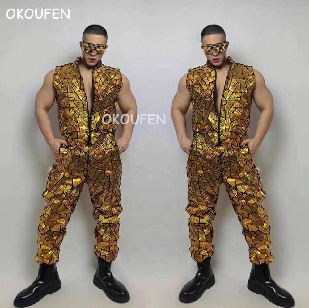 

Men's golden mirror bodysuit lens work clothes nightclub bar male singer dancer Gogo clothing
