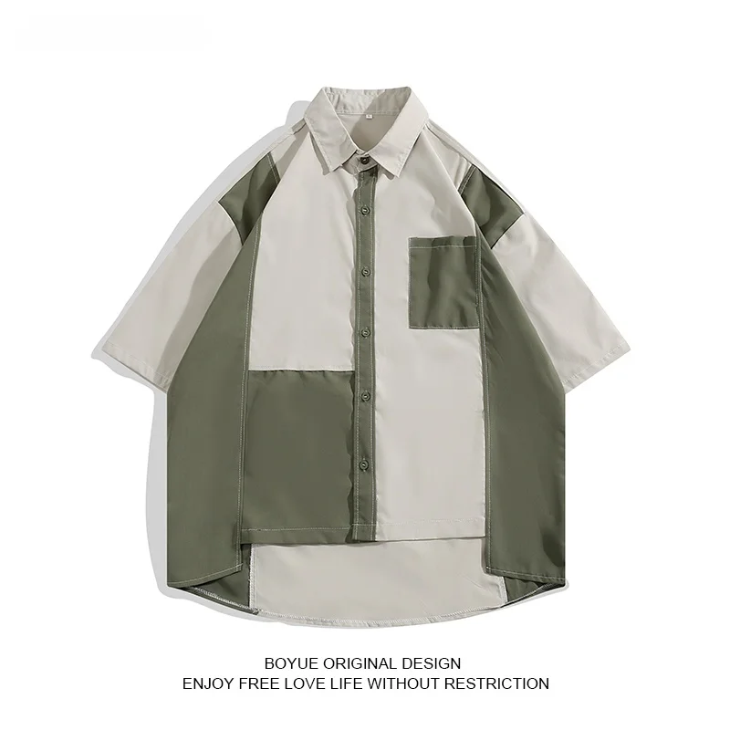 

Boyue Summer Loose Splice Men's irt ort Sve Student Sle High Street Vintage Japanese Feel arp Collar Youth Faion