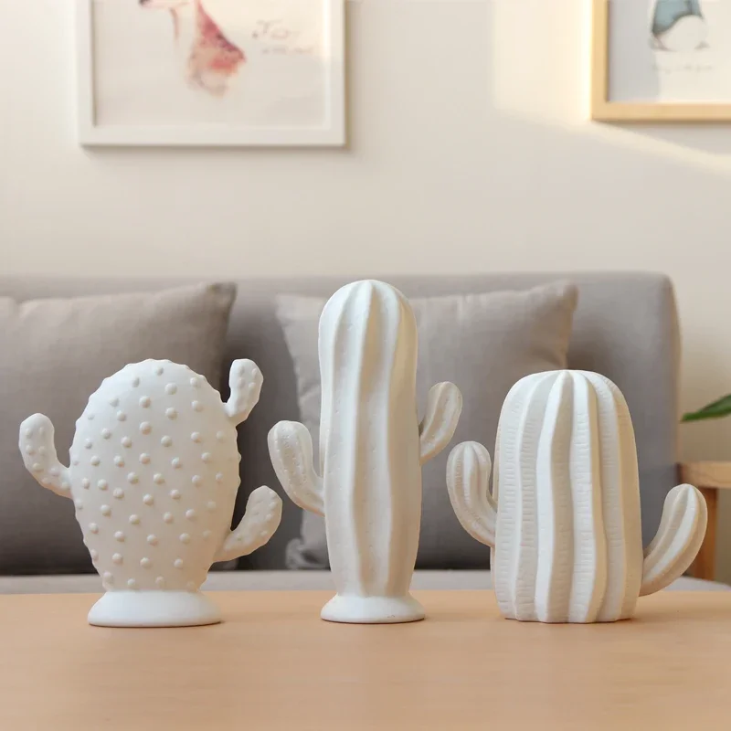 White Ceramic Cactus Sculpture, Matte Cacti Ornament, Modern Minimalist Home Decor, Perfect for Living Room, Office, or Gift