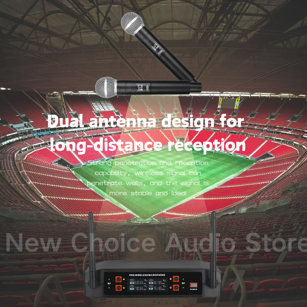 ميكروفون لاسلكي محمول باليد 4 قنوات UHF ميكروفون ديناميكي بتردد ثابت لأداء الكنيسة لحفلات الزفاف والكاريوكي