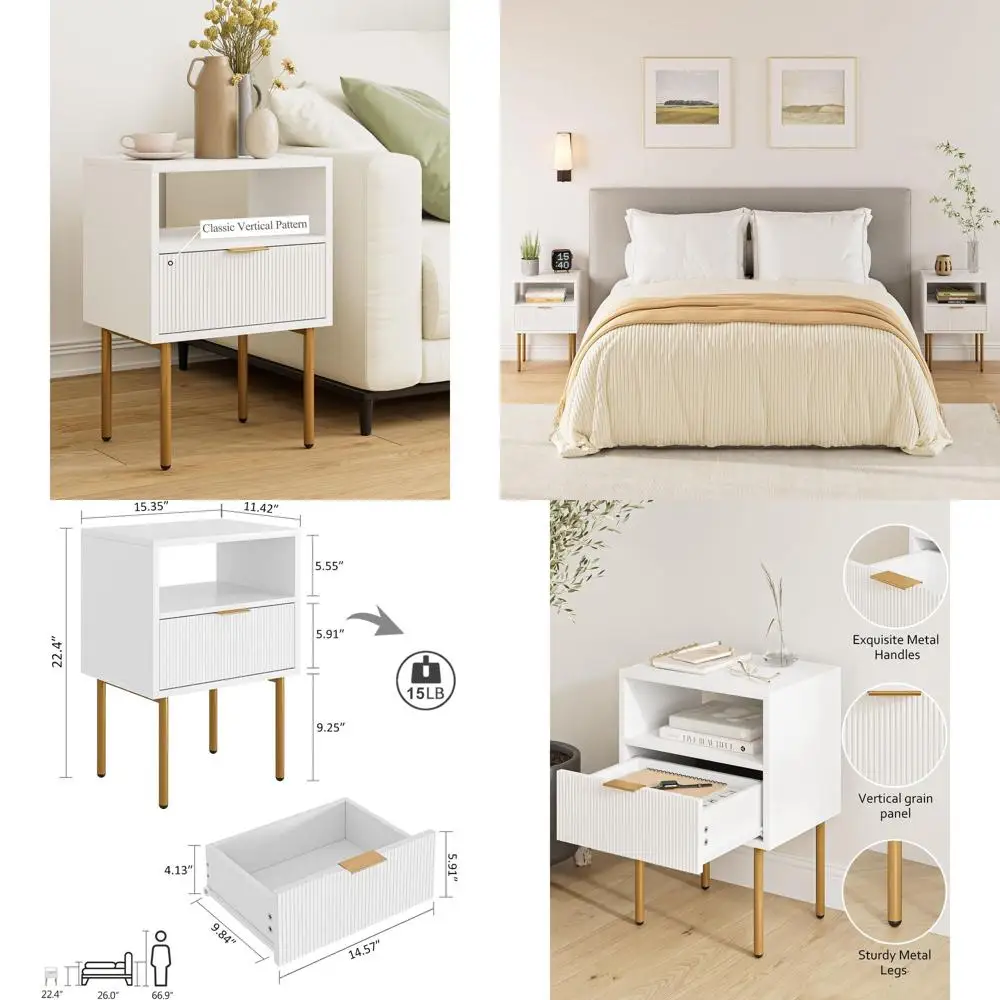 

Mid-Century Modern Bedside Table with Storage Drawer and Open Shelf, Suitable for Small Spaces in Bedroom or Living Room, White