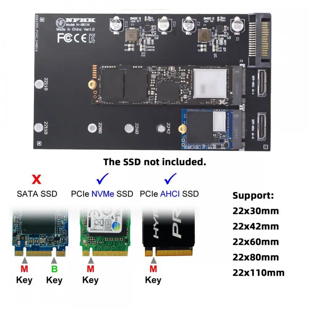 SFF-8611 SFF-8612 Oculink to Dual M.2 NVME NGFF M-Key PCIe SSD