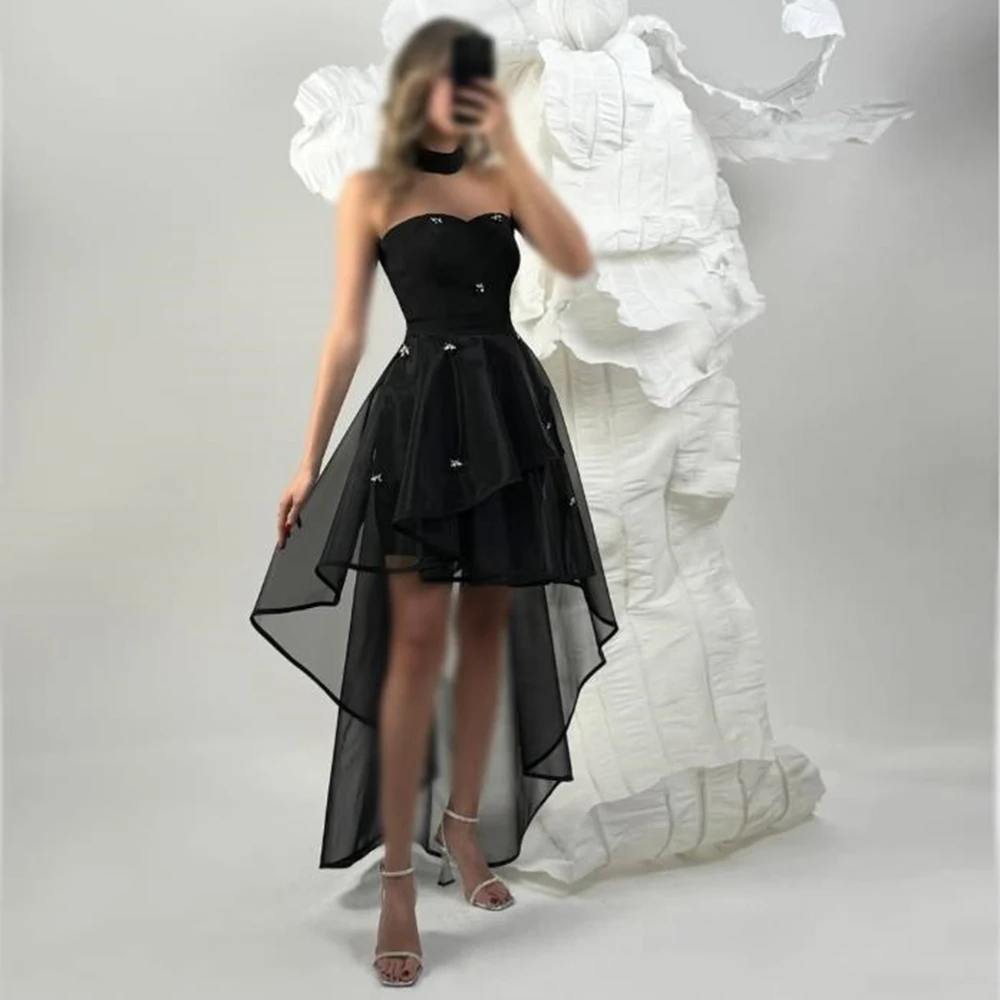 

Customized Sexy Strapless Backless Black Jersey Hi-low Party Dresses Crystal A-line Above Knee Length Pleat Cocktail Gown Simple