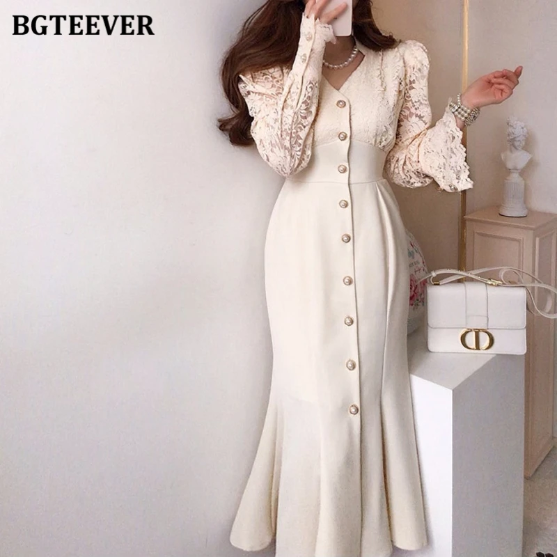 

BGTEEVER Elegant Lace Patchwork Women Mermaid Dress Stylish V-neck Flare Sleeve Lace-up Single-breasted Bodycon Dress Female