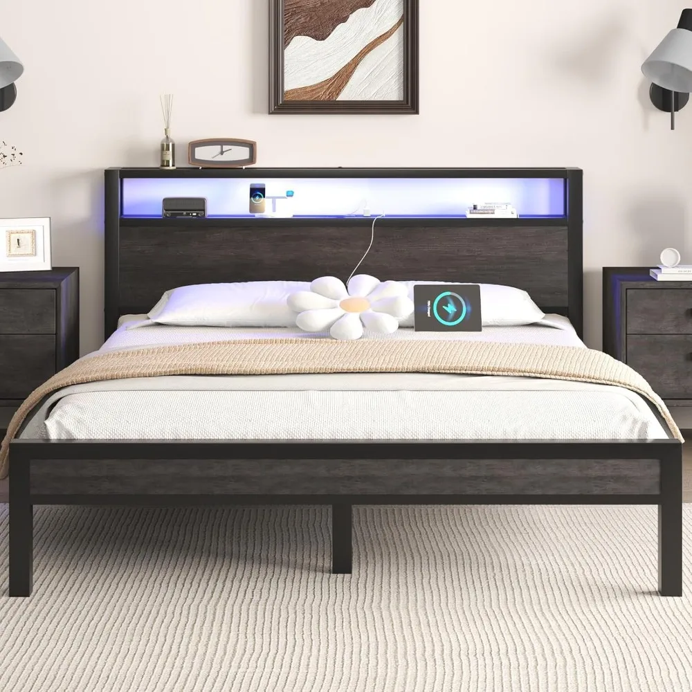 

Queen Size Bed Frame with Storage Headboard and LED Lights, Industrial Platform Bed with Charging Station