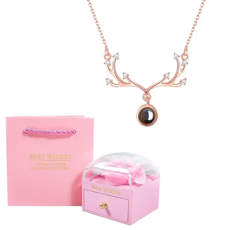 

Custom Color Photo Projection Antler Pendant Jewelry Necklace With Rose Gift Box For Women Birthday Valentine Mother's Day Gift