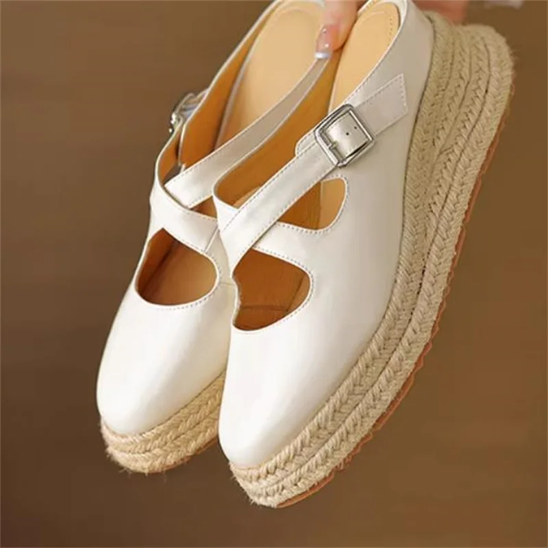 

Straw Shoes for Womens Round Toes Flat Heels Buckle Sewing Lines Female Sandals Crossover Strap Chassure Femme Shallow Zapatos