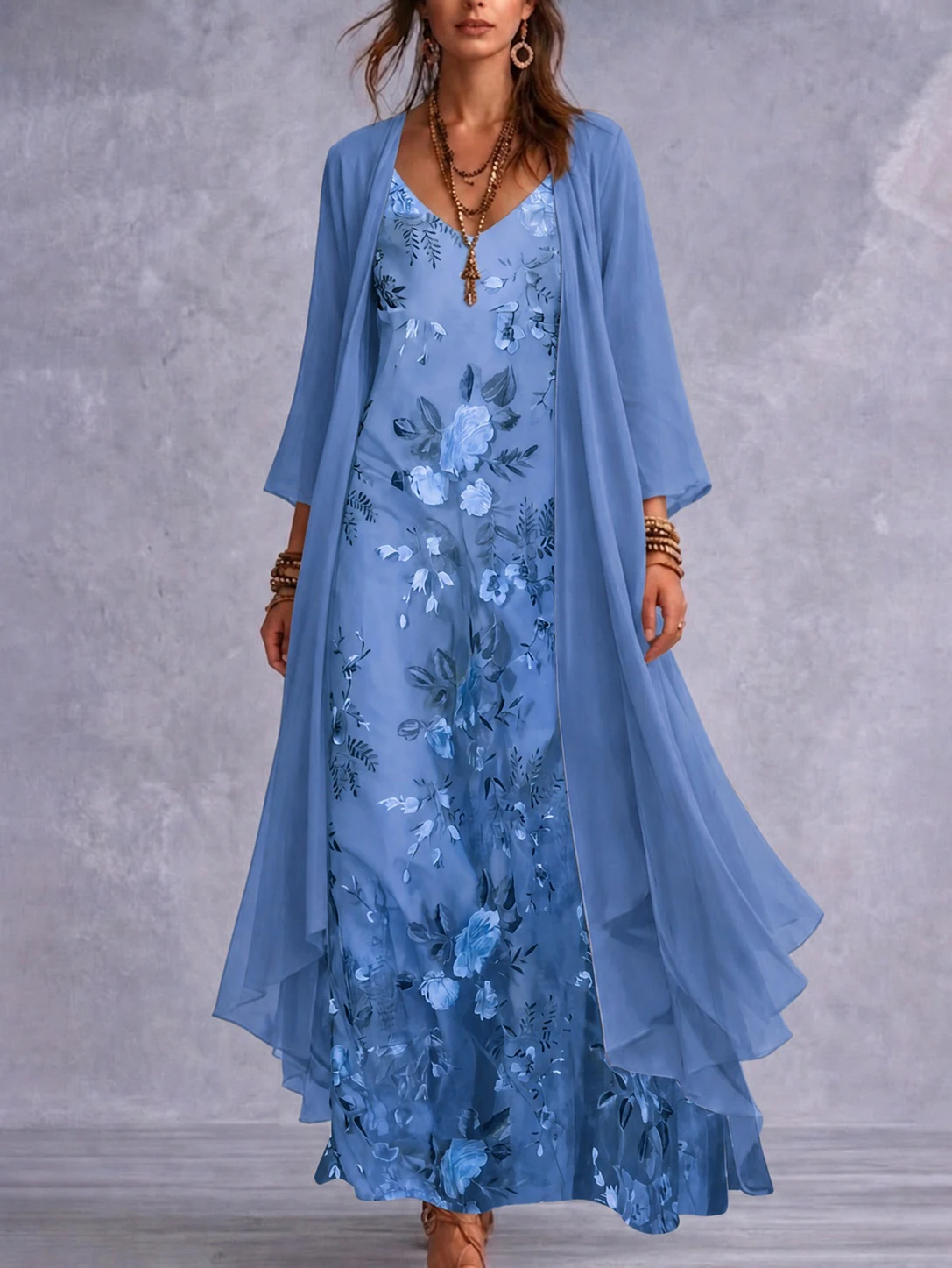 Frühlings- und Sommerkleid für Damen in Übergröße, elegant, im ländlichen Stil, mit Blumenmuster, Camisole-Kleid mit V-Ausschnitt, Dreiviertelärmeln und halbtransparenter Sonnenschutz-Strickjacke, langes zweiteiliges S – Detail 5