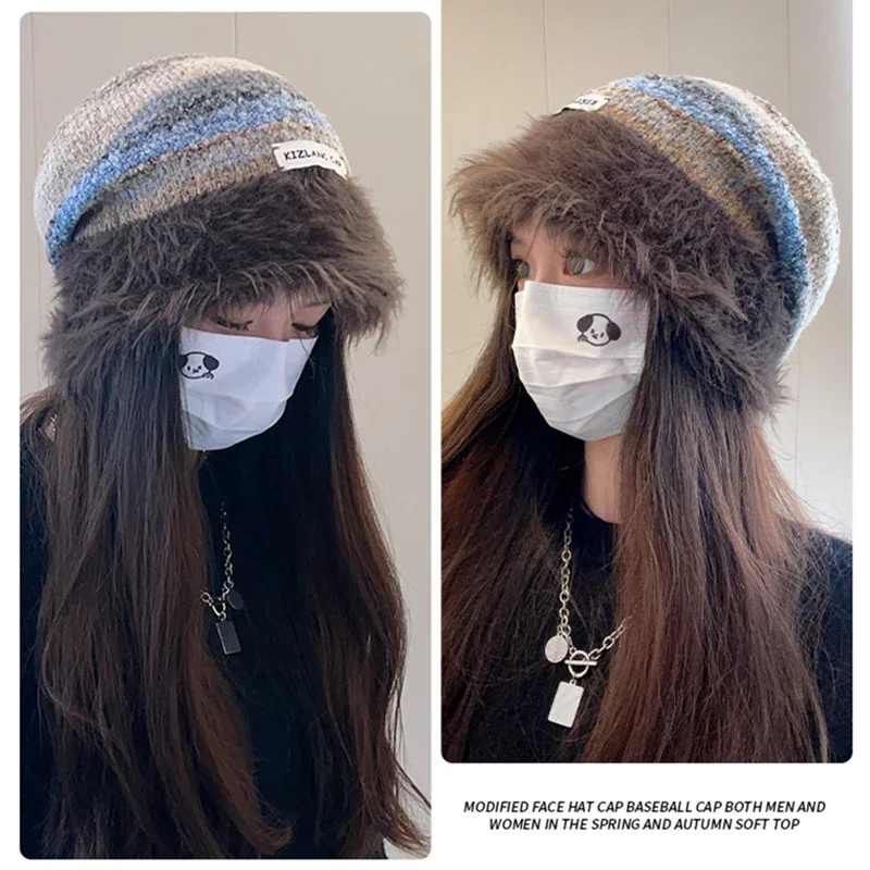 Colorful Plush Women Winter Hat Knitted Warm Baggy Beanie Outdoor Windproof Ladies Girls Ear Protection Cap