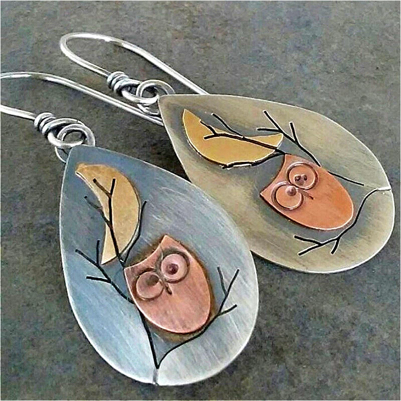 Vintage Handmade Owl Pattern Waterdrop Shaped Pendant Earrin