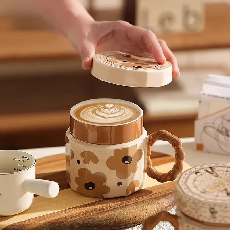 

Винтажная керамическая кружка с крышкой, коричневый геометрический узор, кофейная чашка, чашка для латте, чашка для пары, чашки для завтрака, домашние чайные чашки, чашки для воды