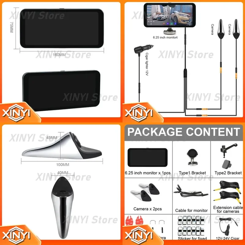 for 6.25 Inch IPS Touch Screen Digital Side View Mirror with AI Function and 2pcs AHD 1080P Cameras