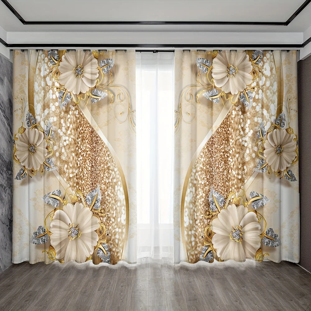 

2pcs Golden Palace Flower Peacock Swan Printed Rod Pocket Curtain Curtain For Bedroom Kitchen Study Office Living Room Home Deco