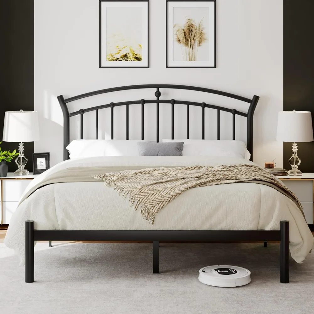 

ipormis queen size metal platform bed frame with modern iron-art headboard/heavy duty steel slats support/under bed storage/no b