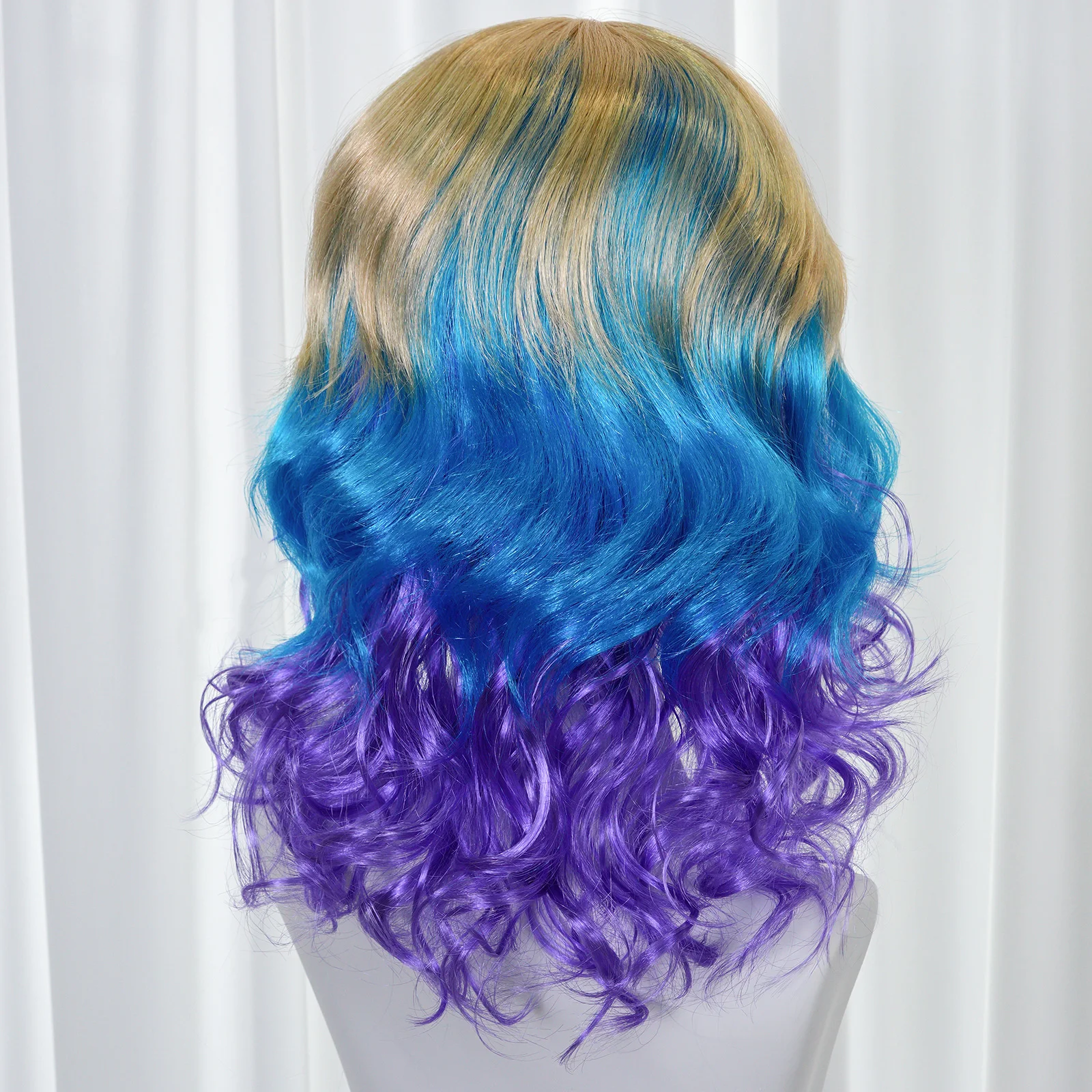 Short Wavy Gold Blue Purple Gradient Synthetic Hair Wig Bangs For Ladies Halloween  Fashion Hair Decor Head Accessory