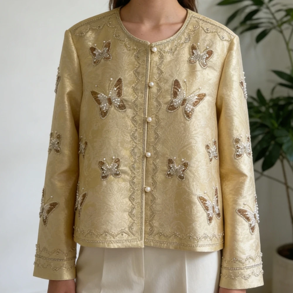 

Новая женская куртка в китайском стиле Ханьфу, пальто-тангуфу с вышивкой бабочками, бисером и пайетками, кардиган с длинными рукавами, модная уличная одежда