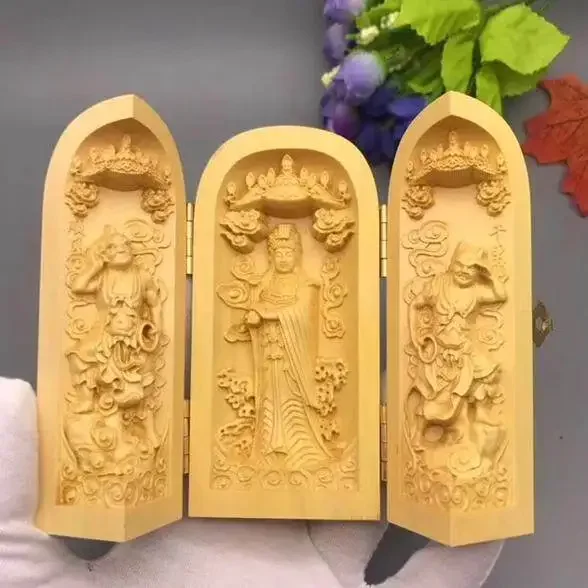 

Z31- boxwood carving Buddha statue home ornament portable casket Guanyin Guan Gongfang three holy three open box