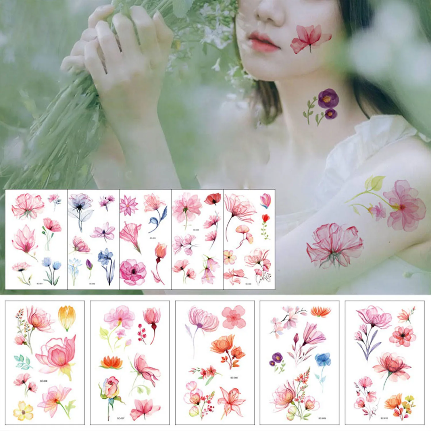 

5 Sheets Watercolor Lavender Flower Temporary Tattoos For Women Body Art Arm Fake Adults TattooSticker Waterproof Girls Tatoos