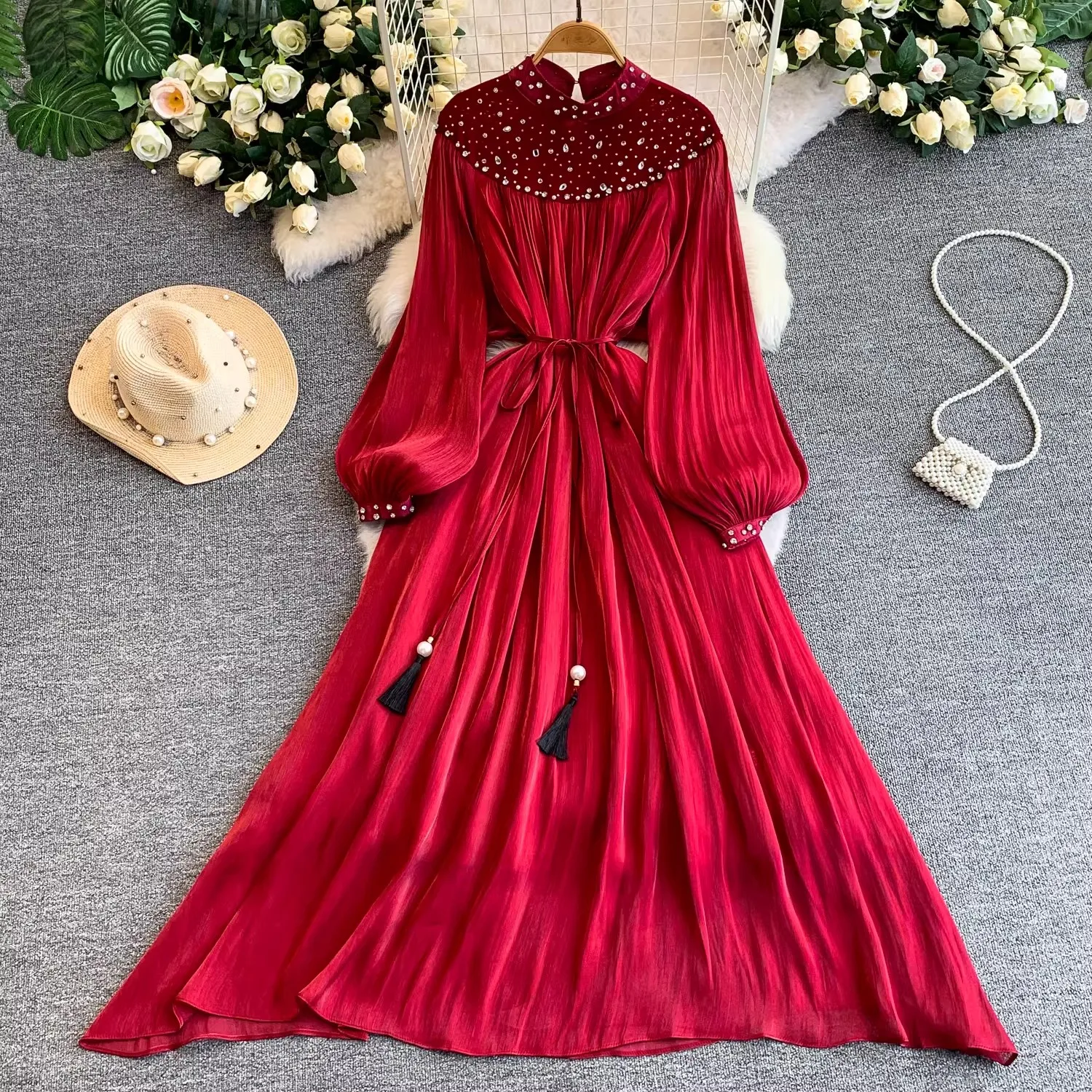 

French Elegant Beaded Loose Dresses For Women Stand Neck Lantern Sleeve Belt Lace Up Oversize Dress Female Clothing Fashion