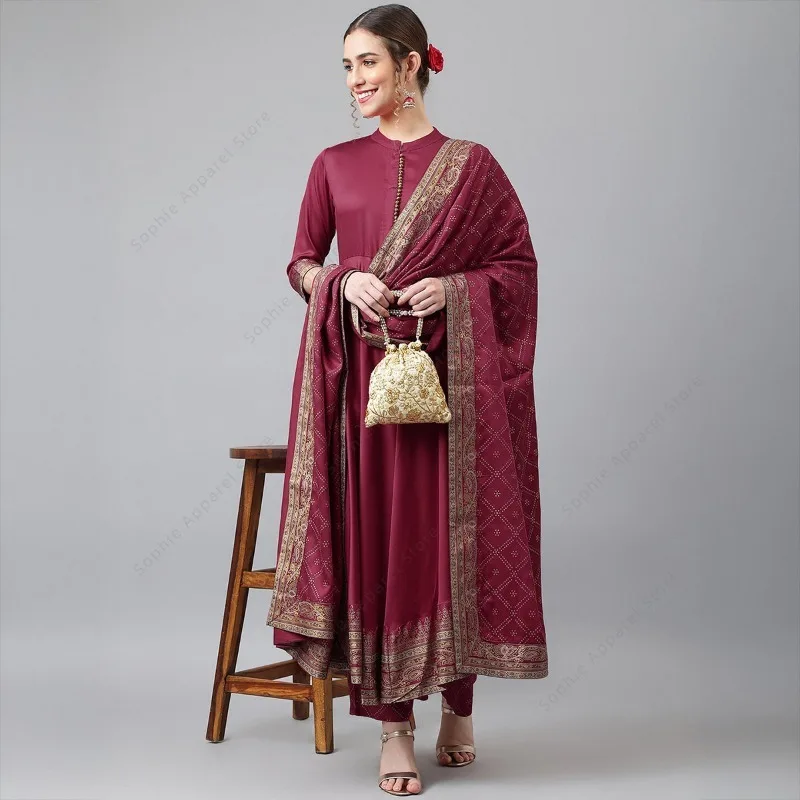 

Elegant Maroon Indian Kurta Set Women Mandarin Collar Traditional 3 Piece Suit Breathable Ethnic Outfit Festive Party Wear Dress