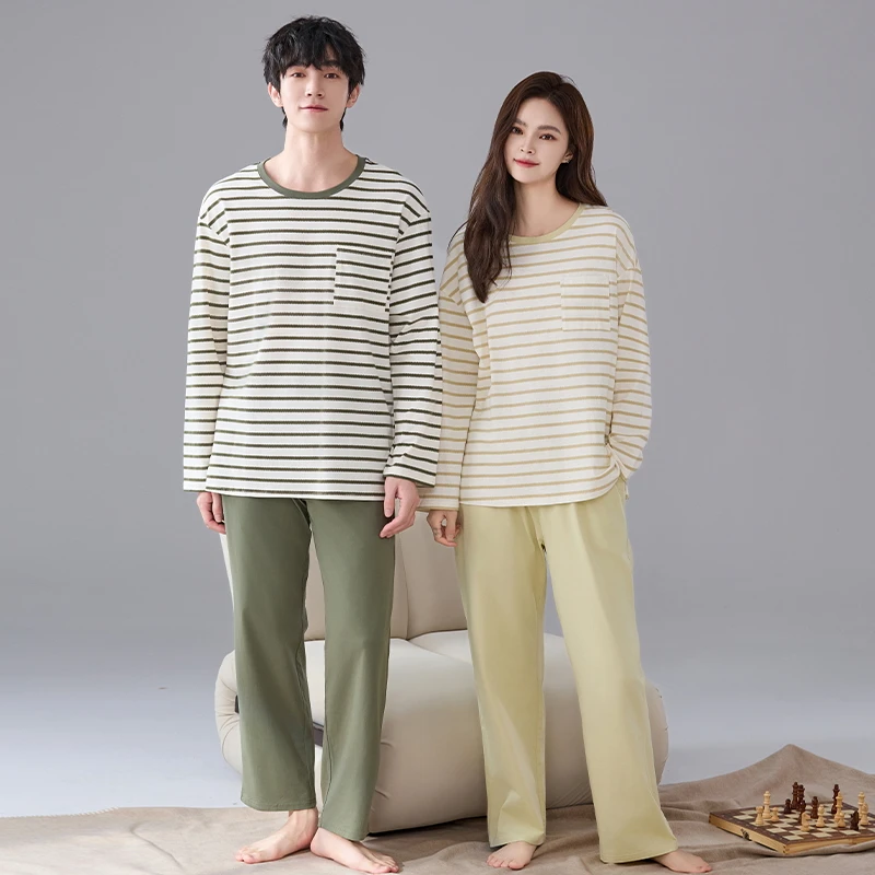

Новейший весенне-осенний пижамный комплект для пар, полосатая пижама из 100% хлопка с длинными рукавами