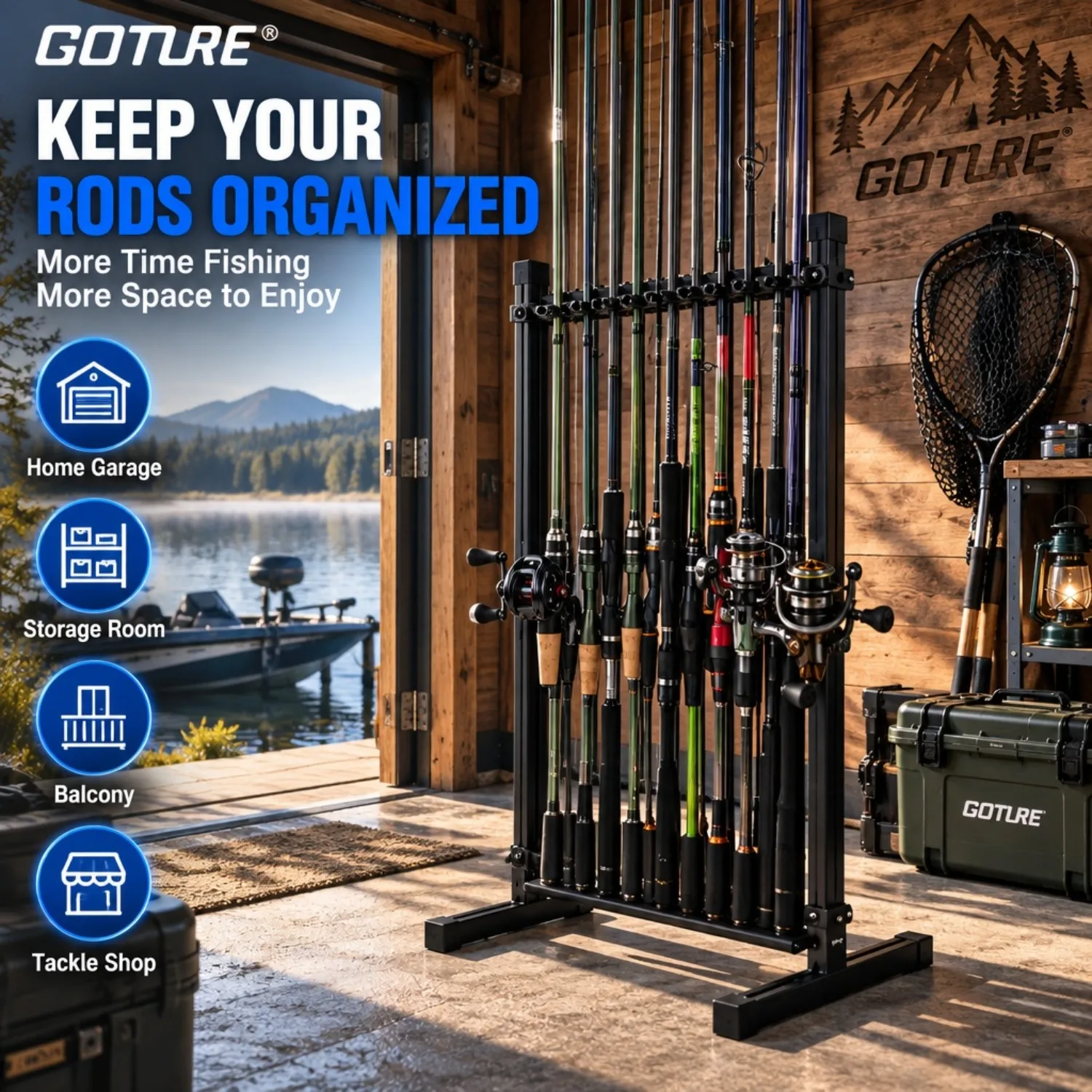 Goture Fishing Rod Rack Holder Stores 24 Fishing Poles, Adjustable Sliding Nylon Clips Fishing Rod Storage Stand,Fishing Tackle