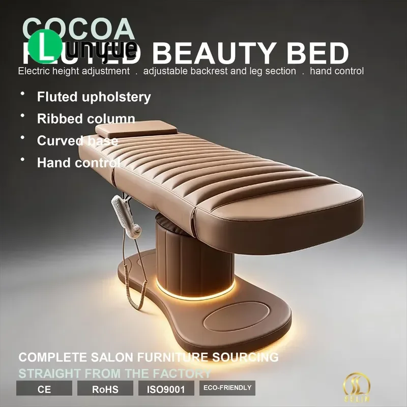 Electric Beauty Bed with Rose Pattern Gold Pillar Rectangular Base Manual Retractable Leg Rest Adjustable Height for