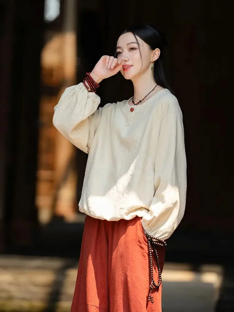 Retro Round-Neck Pullover Cotton-Linen Blend Button-Front Blouse Women's Long-Sleeved Versatile T-Shirt