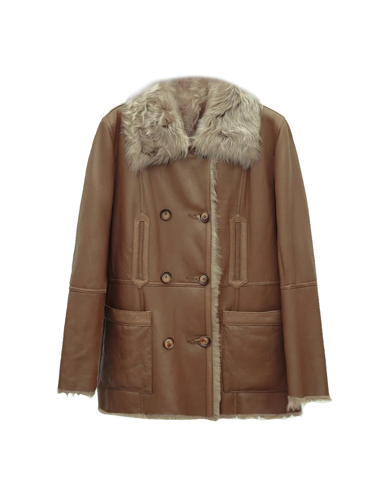 High-end หรูหราของแท้หนัง Lamb FUR ฤดูหนาวแจ็คเก็ตผู้หญิง Simple VINTAGE Double Breasted หนา WARM ขนสัตว์จริง Coat
