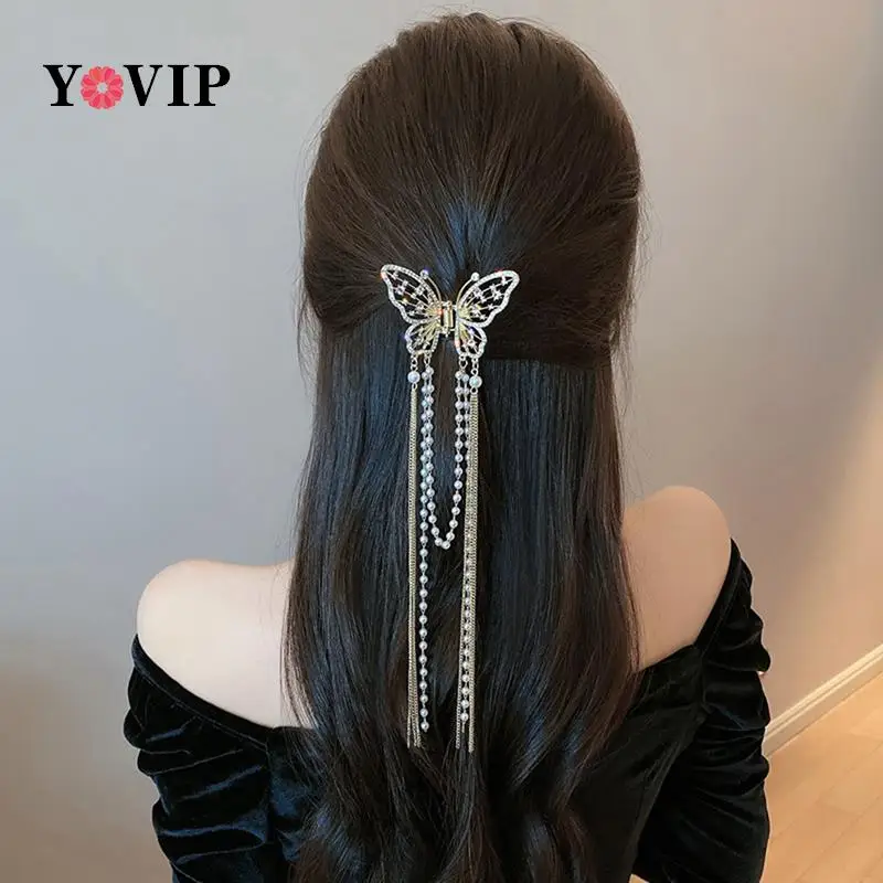 Pearl Tassel Butterfly Hair Claw Vintage Long Pendant Hair Clip Shark Clip Headwear Claw Clip Fashion Girl Hair DIY Styling Tool