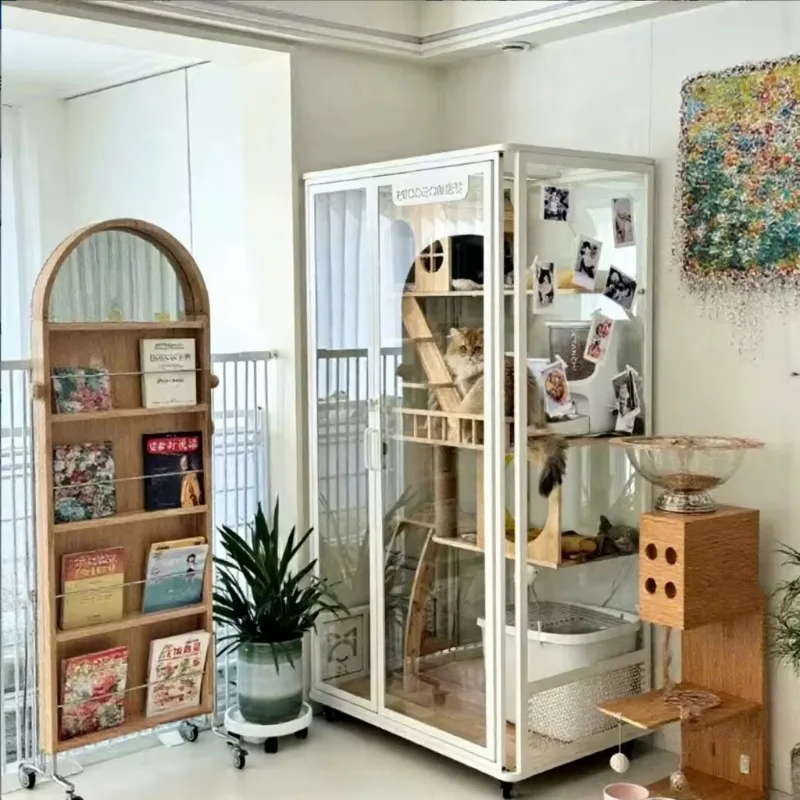 New Design Cat Tree Tower Villa Rubber Wood Panel Tempered Glass Modern Pet Home Cabinet