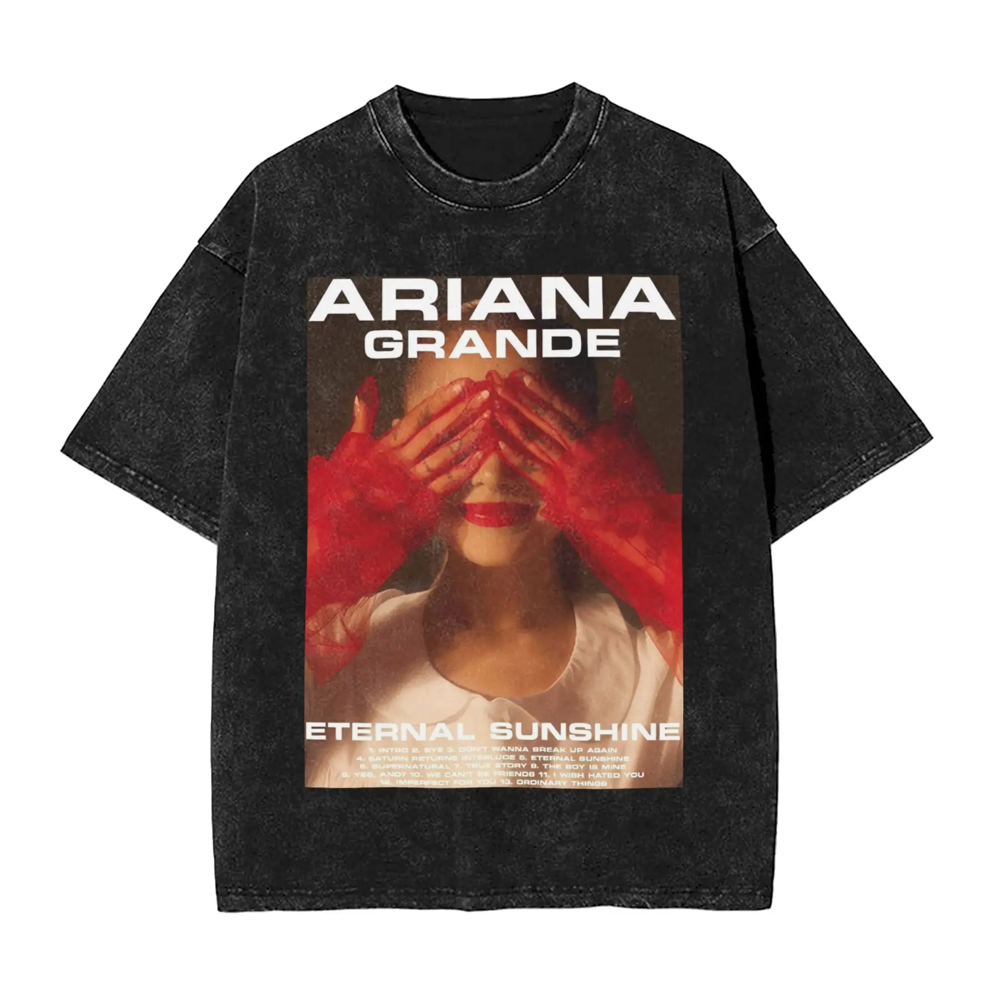Arianas  Men's T Shirts Washed Grande Album Novelty Tees Short Sleeve Crew Neck T-Shirt Cotton Printed Clothes