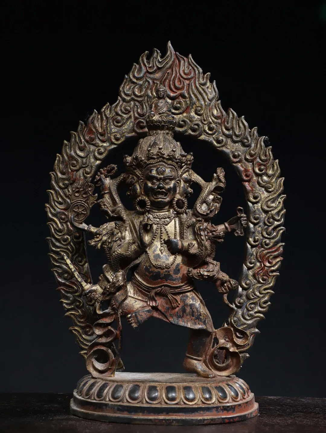 Tibetan Old Yellow Copper Mud Gold Painted Three sided Six Armed Vajra Bodhisattva Statue Decoration Home Buddhist Hall Supplies