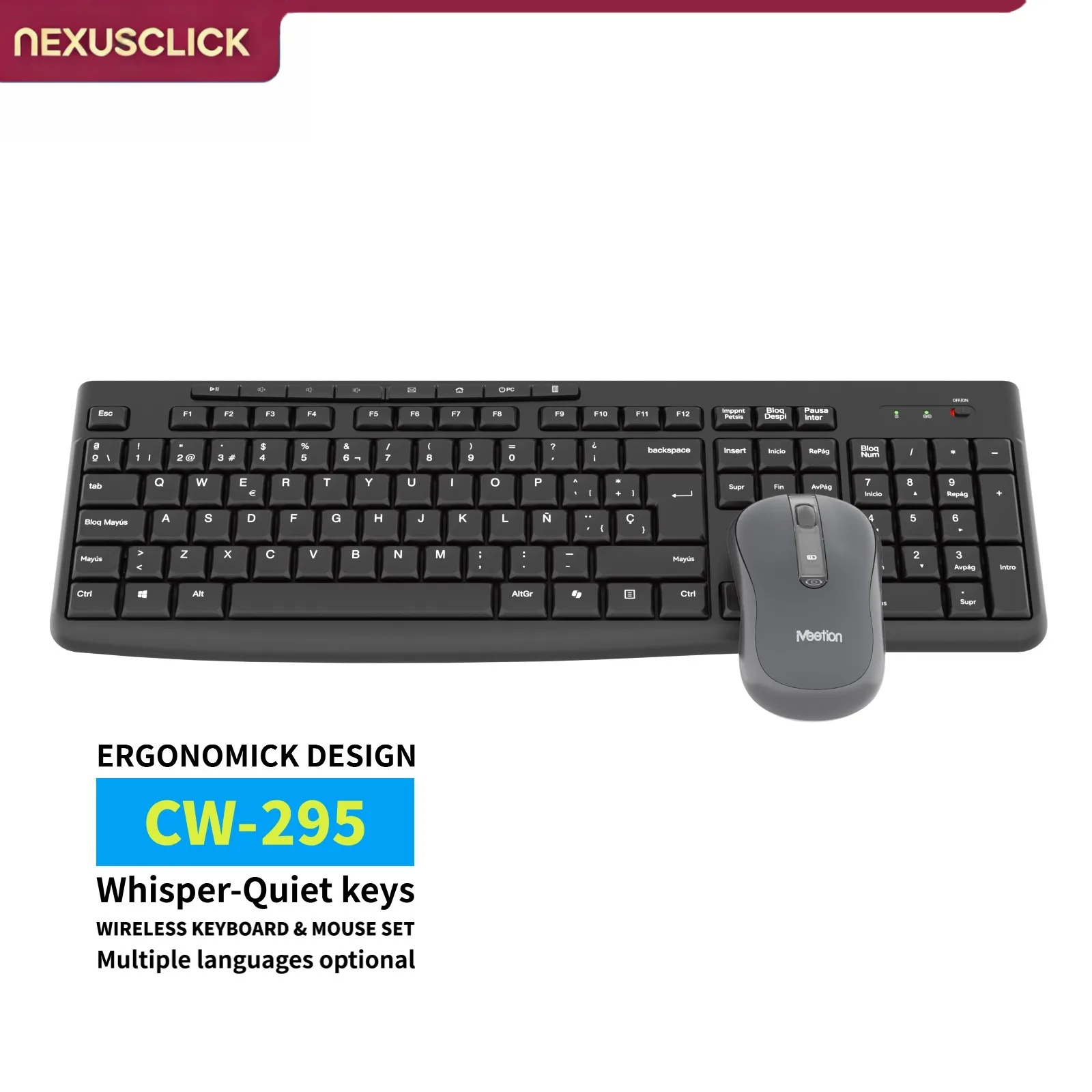 NexusClick Low Profile Ergonomic 2.4G Wireless Keyboard Mouse Combo, Whisper Quiet Silent Buttons Battery Operated Kit for Home