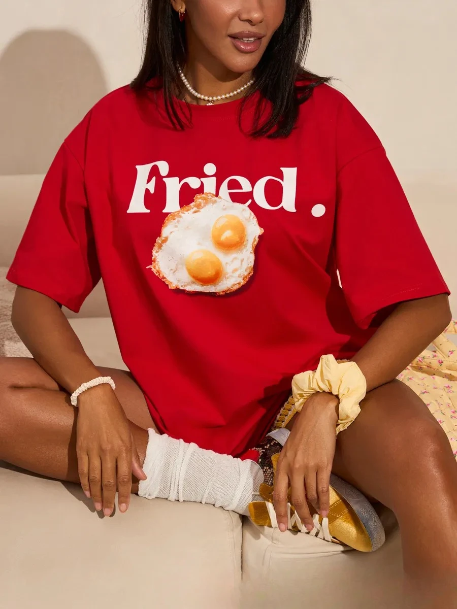 American Women's Lazy Chic Stamped Egg Print 2026 Summer New Arrival 100%  Cotton Short Sleeve Cross-border T-Shirt for Women