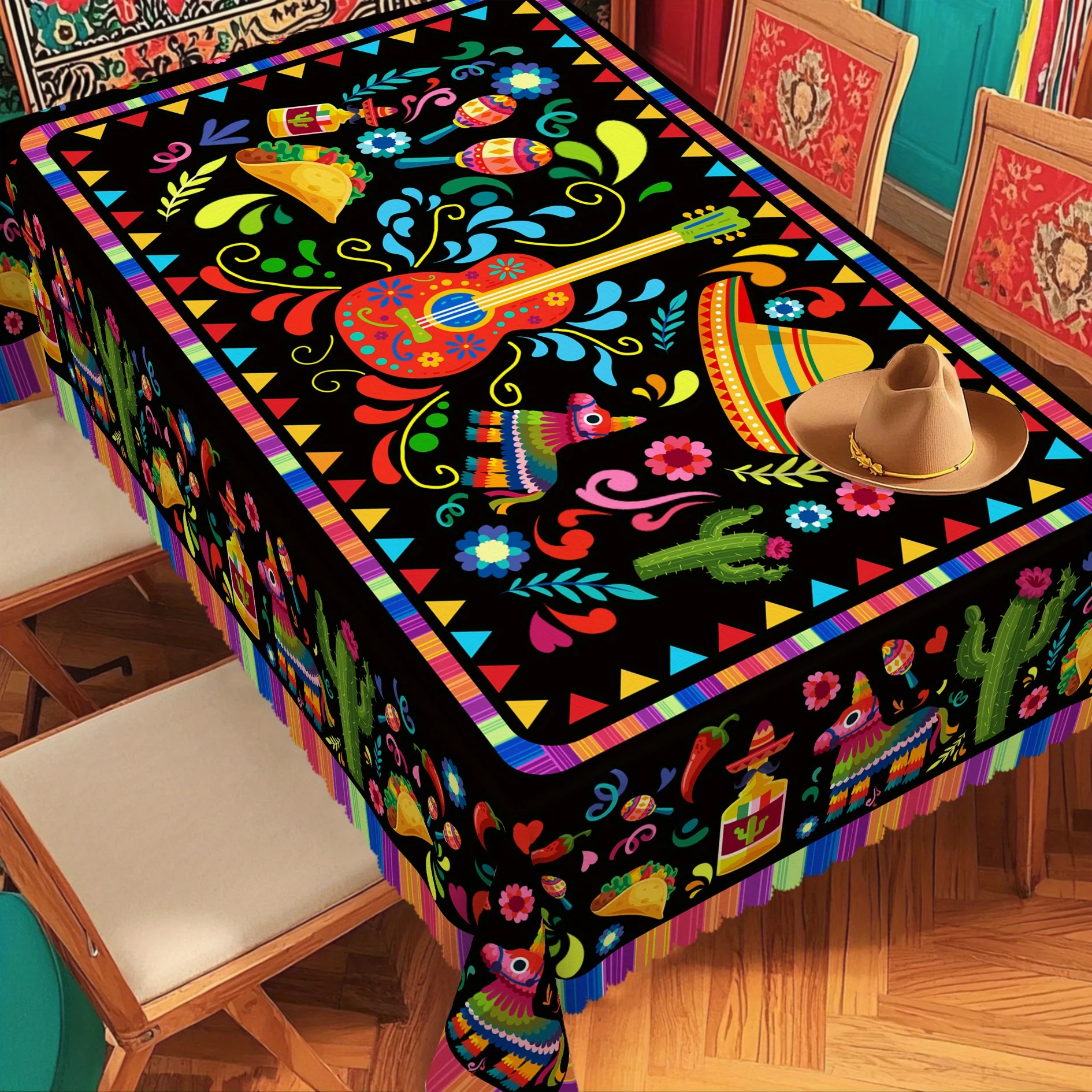 1 piece of Mexican-themed floral tablecloth, featuring guitar, cactus and pony design - bright polyester round shapezyc