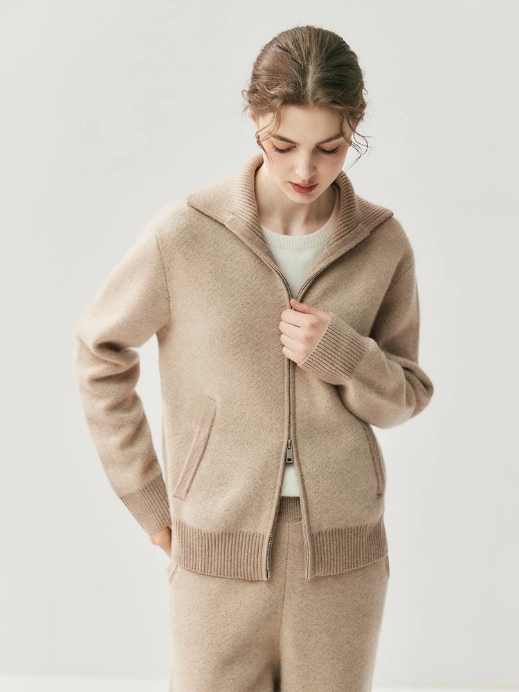 Warm Soft 100% Cashmere Women's Autumn Winter Casual Turn-Down Collar Double-Headed Zipper With Pocket Cardigan Two-Piece Sets