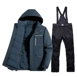 Ski Suit Men Winter Warm Down Ski Jackets And Strap Pants Windproof Waterproof Skiing Snowboard Jacket Men Outdoor Snow Costumes