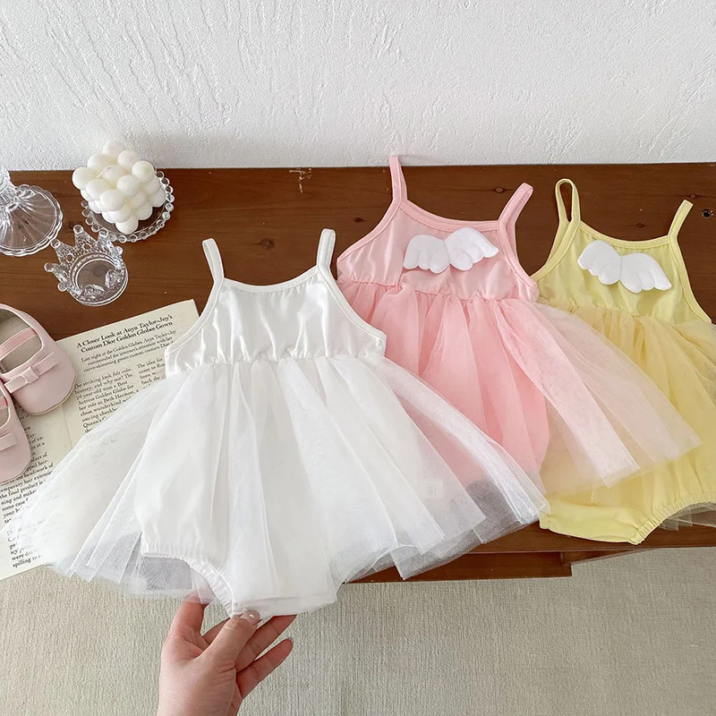 

2024 New Summer Toddler Baby Girls Jumpsuit Sleeveless Cotton Mesh Splicing Infant Baby Bodysuits 0-24M Baby Girls Clothes