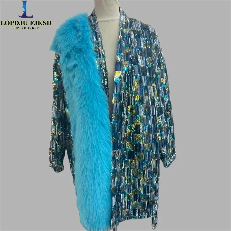 

Faux Fur Coat for Women,Covered Button Cotton Jacket,Female Clothes,V-Neck Outwear,Sequins,Spliced,Autumn and Winter,2025