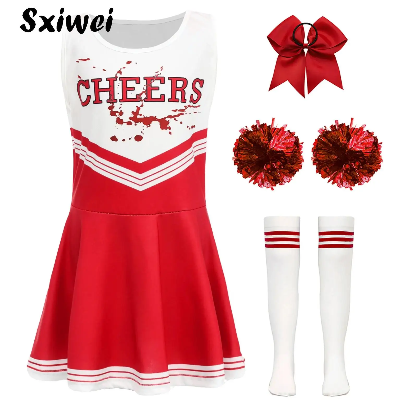 

Girls Cheerleader Costume Uniform Outfit Letter Print Dress with Headwear Hand Flowers Socks Halloween Cheerleading Fancy Dress