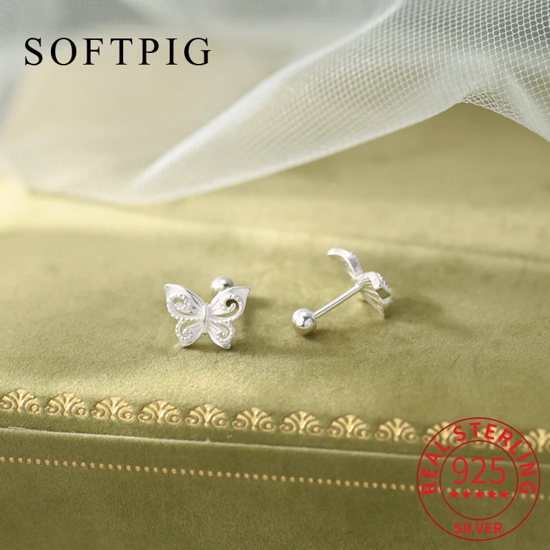 

SOFTPIG Real 925 Sterling Silver Butterfly Piercing Screw Bead Stud Earrings for Women Cute Fine Jewelry Exquisite Accessories