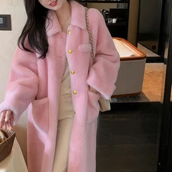 Pink Lambswool Parka Coat 2023 Winter Fashion Lapel Collar Single-breasted Pockets Women Real Sheep Shearing Mid Length Coats