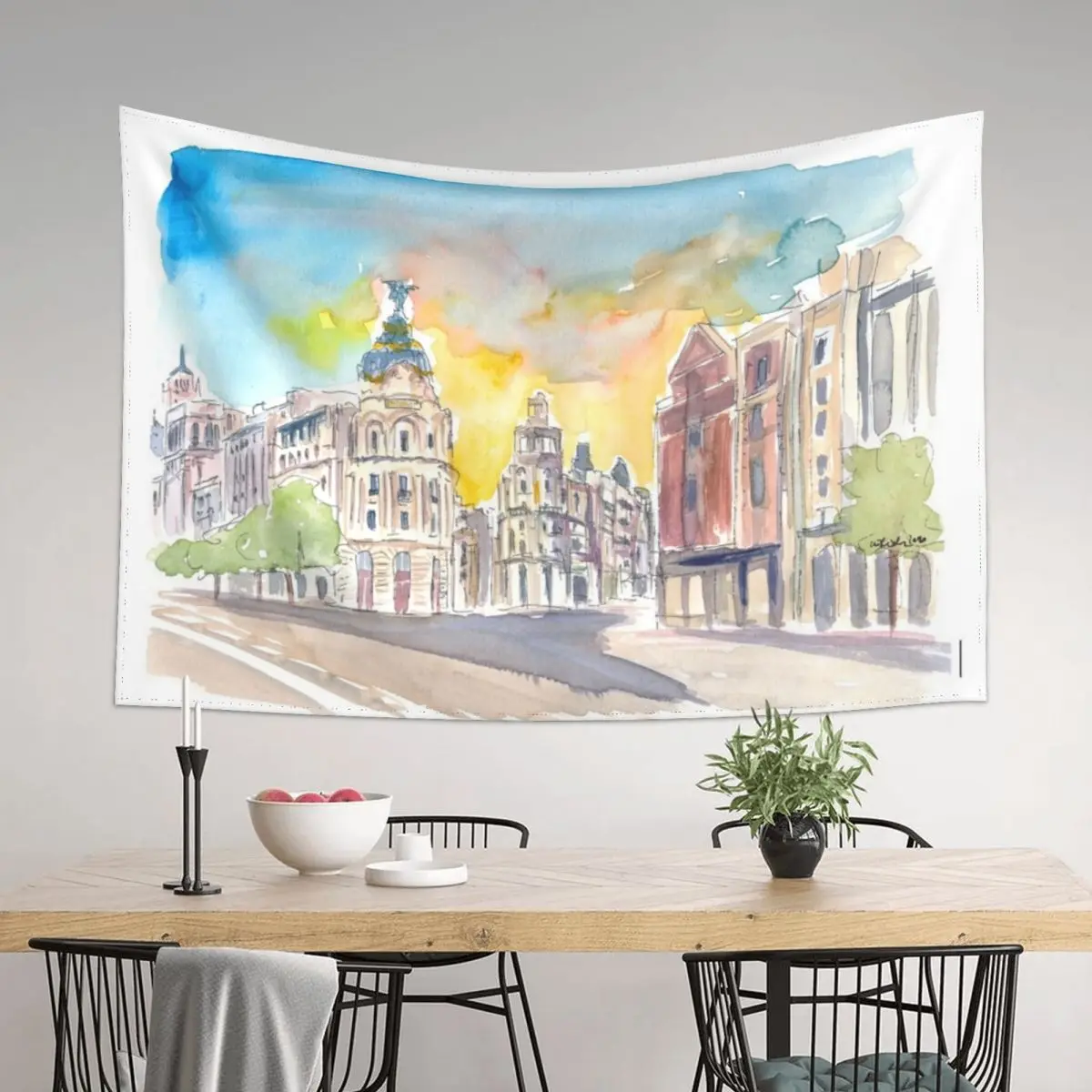 

Gran Via Street Morning Scene In Madrid Spain Tapestry Bathroom Decor For Bedroom Decoration Home Tapestry