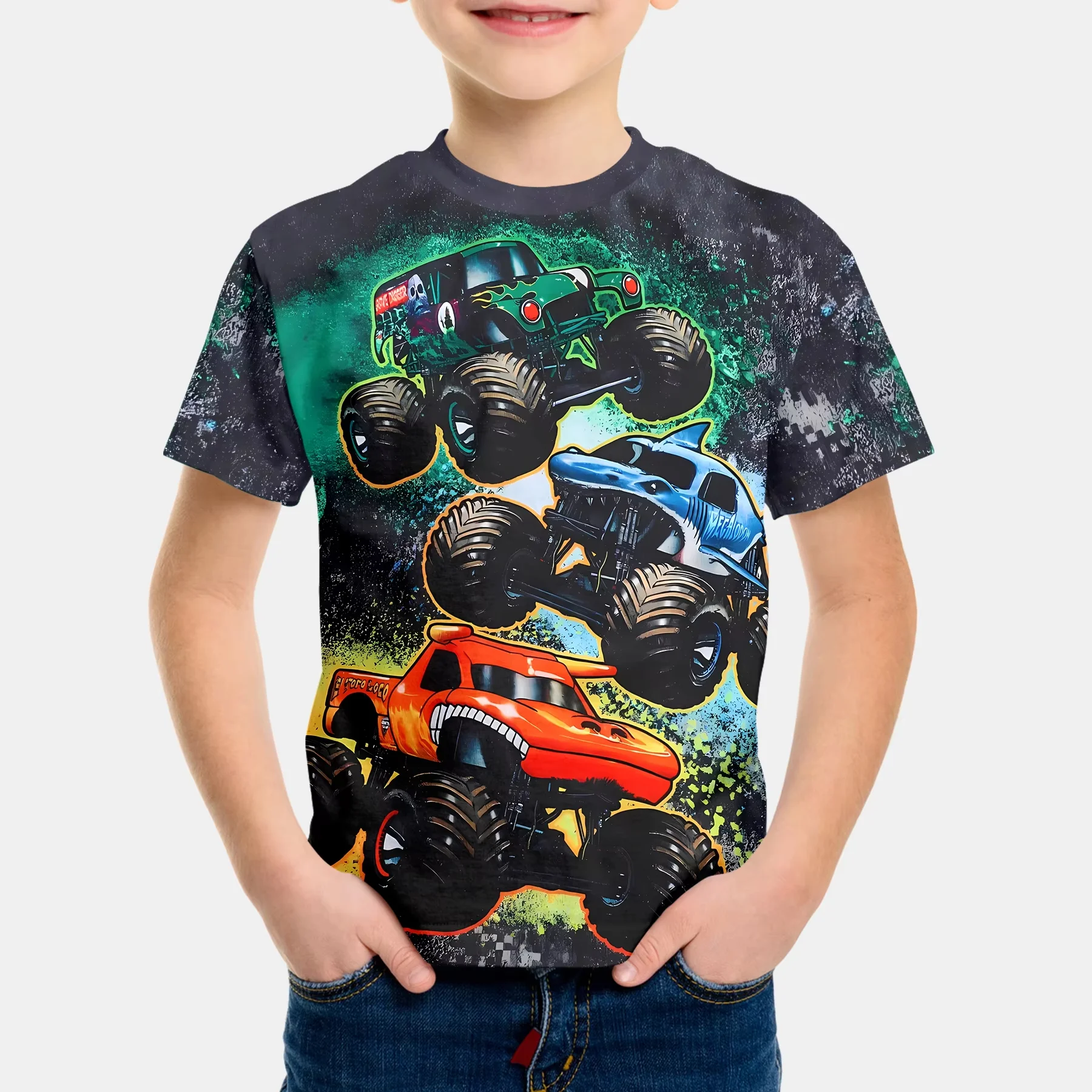 3D Print Cartoon Big-Wheel Car T-Shirt for Boys Car Lover Outdoor Kids Clothes Summer Short Sleeve Boy Clothing 2-10y Child Top