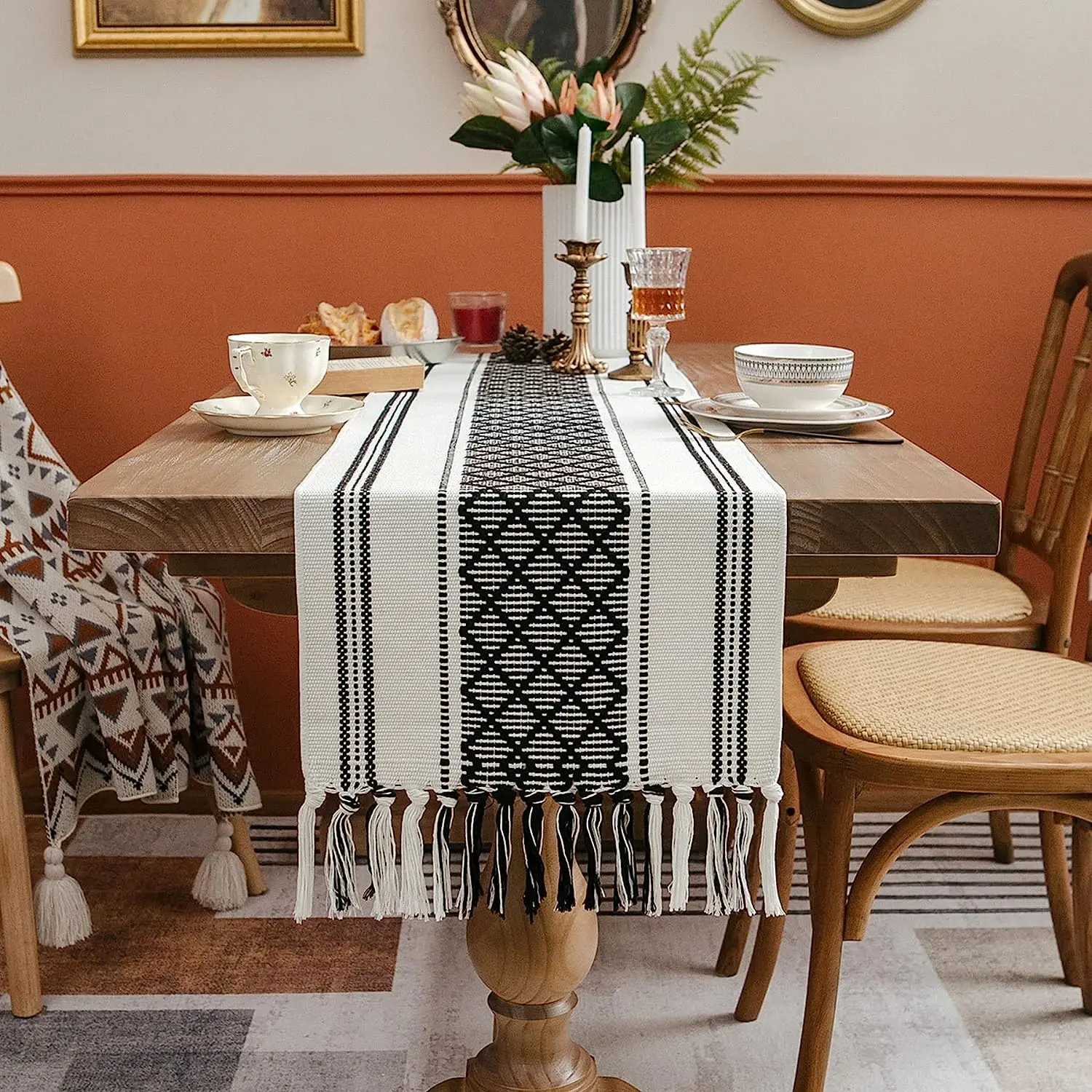 

Farmhouse Style Braided Woven Table Runner, Bridal Textured Table Runner with Tassels, Rustic Modern Boho Chic Decor