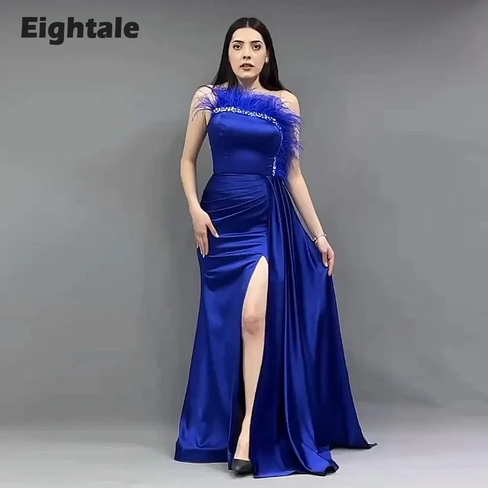 

Eightale Royal Blue Evening Gowns with Feather Beaded Side Slit Satin Mermaid Prom Party Gowns Formal Occasion abendkleid damen