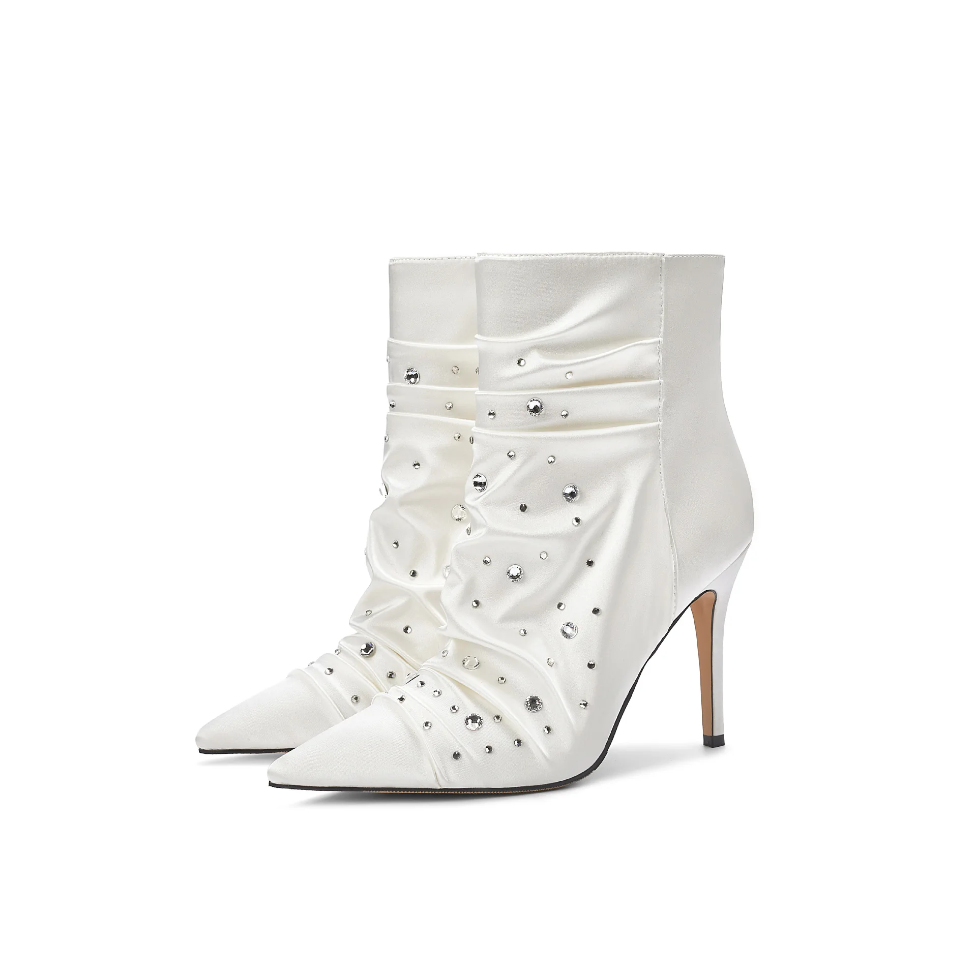 

Pointed-Toe Rhinestone Satin Ankle Boots White Bridal High-Heeled Short Botines Stiletto Large-Size Runway Botas Femininas
