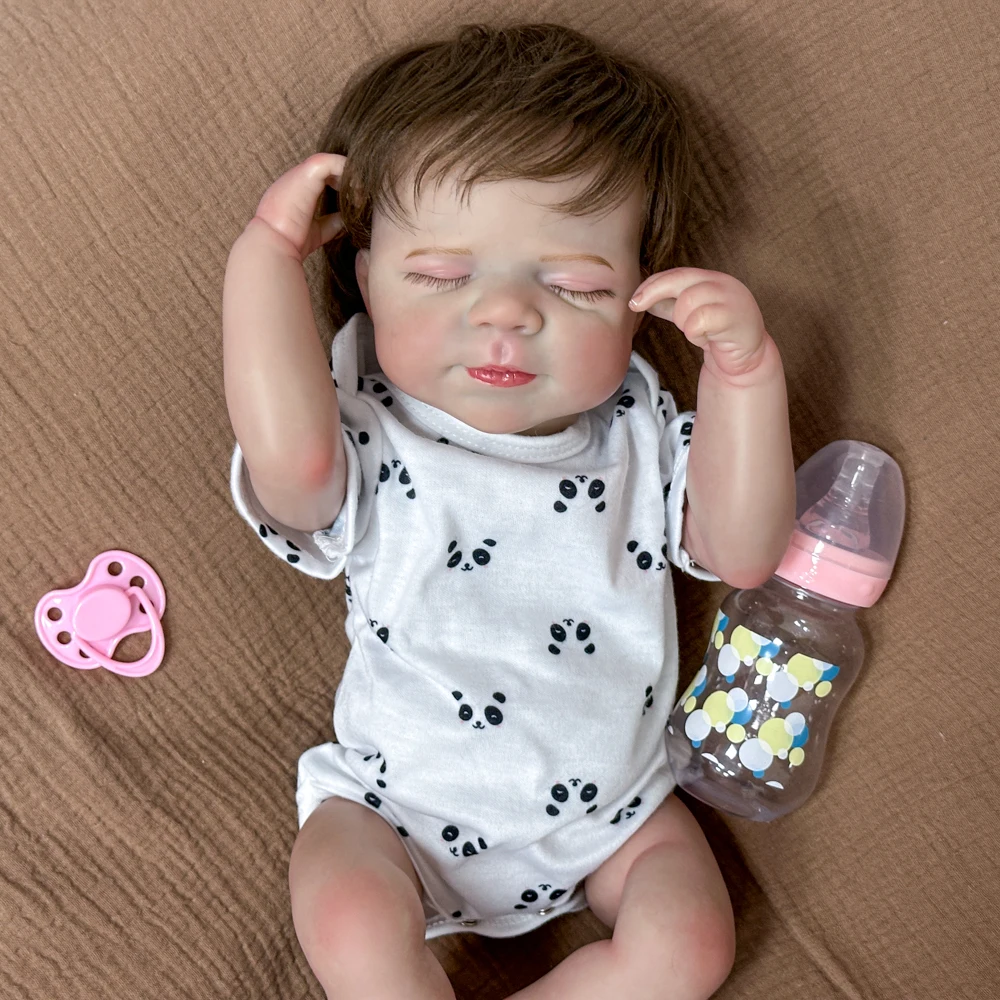 20-inch Collector's Edition Vinyl Reborn Doll | Panda Outfit Set | Handmade Hair | Cute Closed-Eye Pouting Expression |